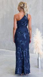 Navy Raised Floral Embroidered Twist Cut-Out Maxi Dress