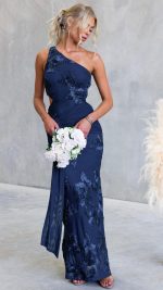 Navy Raised Floral Embroidered Twist Cut-Out Maxi Dress