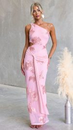 Pink Raised Floral Embroidered Twist Cut-Out Maxi Dress