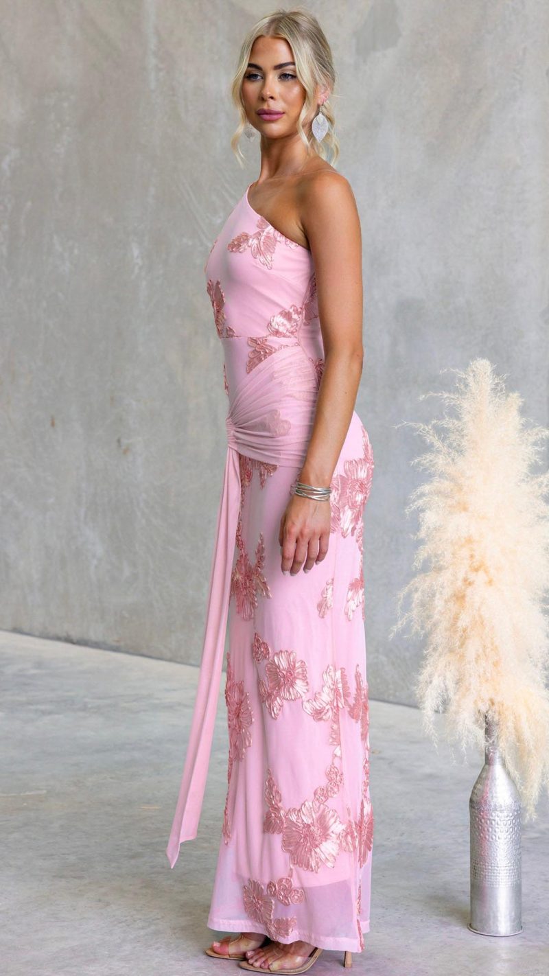 Pink Raised Floral Embroidered Twist Cut-Out Maxi Dress