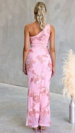Pink Raised Floral Embroidered Twist Cut-Out Maxi Dress
