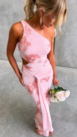 Pink Raised Floral Embroidered Twist Cut-Out Maxi Dress