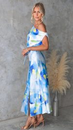 Blue/White Floral One-Shoulder Maxi Dress