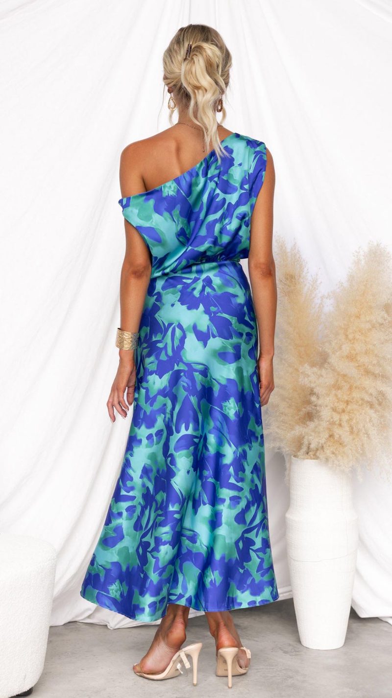 Blue/Green Floral One-Shoulder Maxi Dress