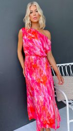 Pink/Orange Floral One-Shoulder Maxi Dress