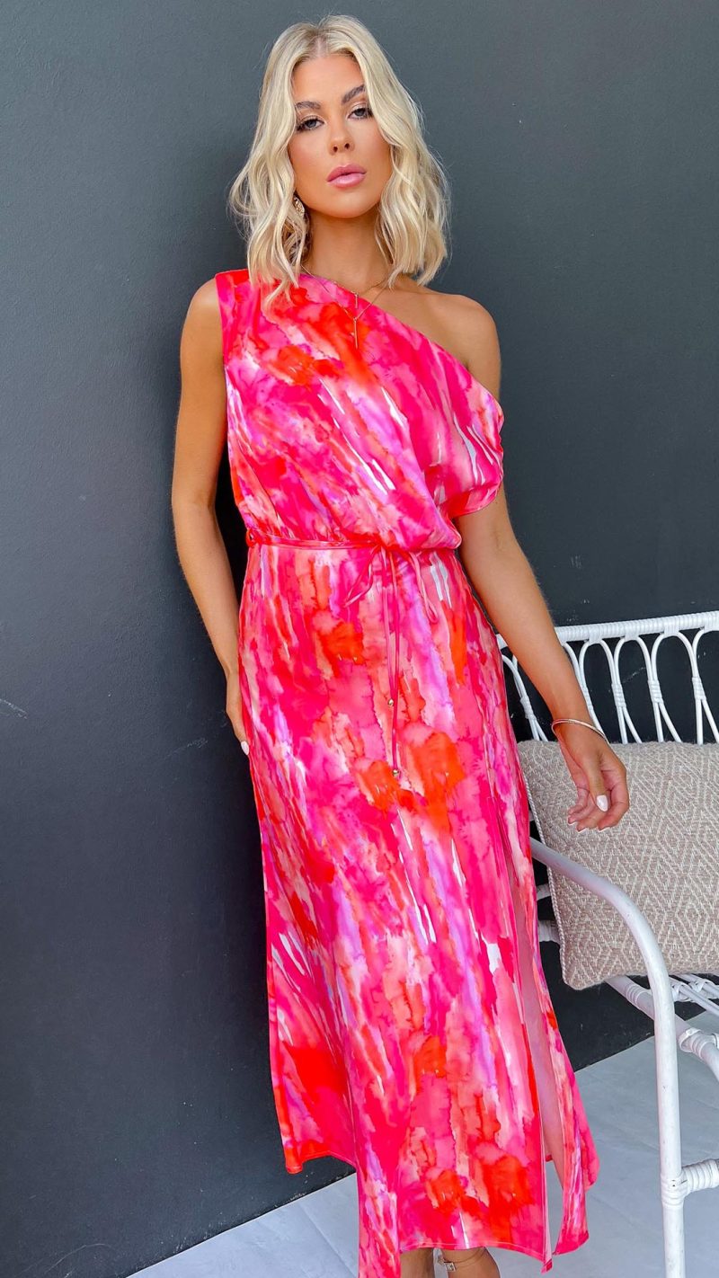 Pink/Orange Floral One-Shoulder Maxi Dress