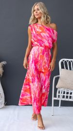 Pink/Orange Floral One-Shoulder Maxi Dress