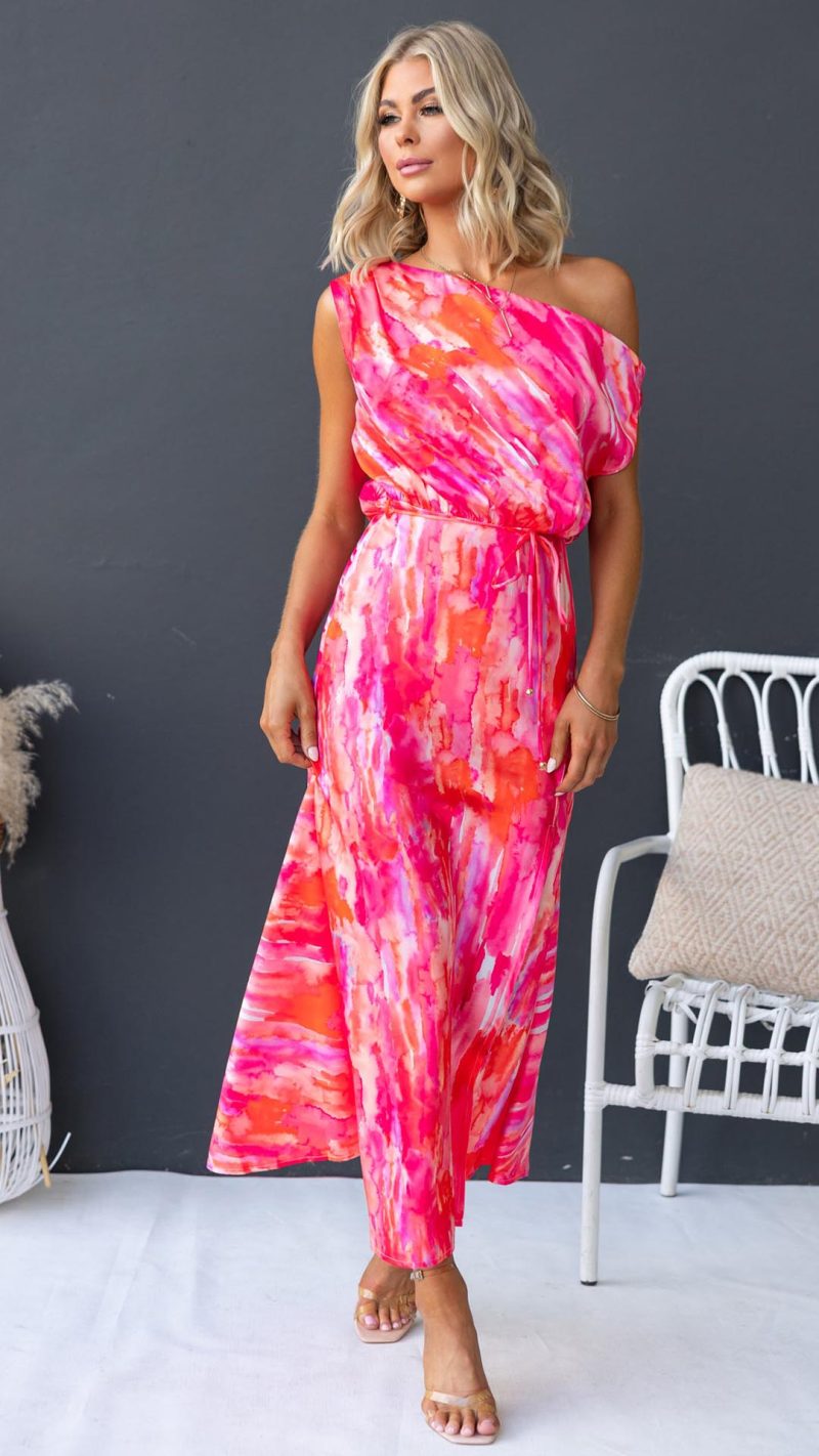 Pink/Orange Floral One-Shoulder Maxi Dress