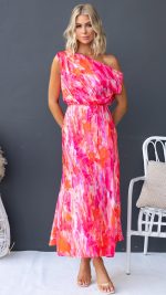 Pink/Orange Floral One-Shoulder Maxi Dress