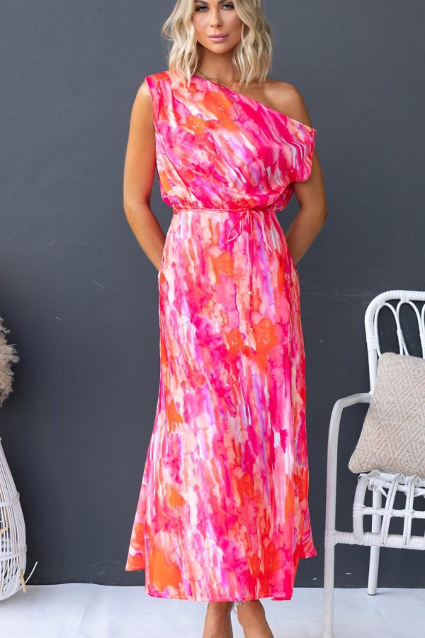 Pink/Orange Floral One-Shoulder Maxi Dress