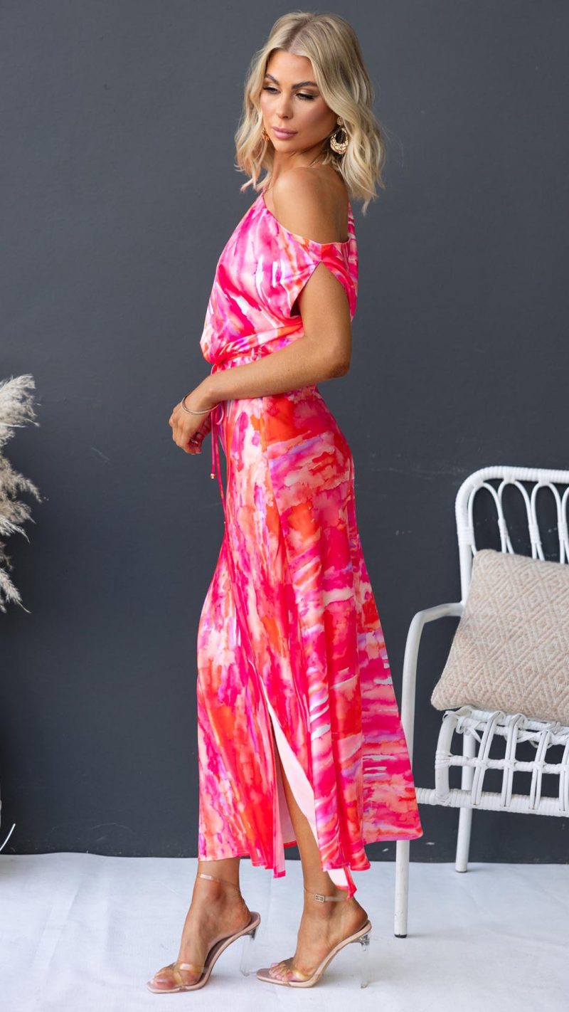 Pink/Orange Floral One-Shoulder Maxi Dress