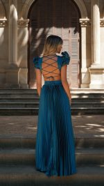 Petrol Ruffle Shoulder V-Neck Pleated Maxi Dress