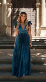 Petrol Ruffle Shoulder V-Neck Pleated Maxi Dress