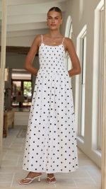 White Polka Dot Side-Split Shirred Maxi Dress