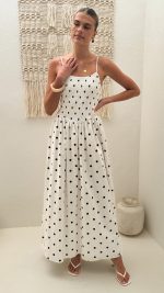 White Polka Dot Side-Split Shirred Maxi Dress