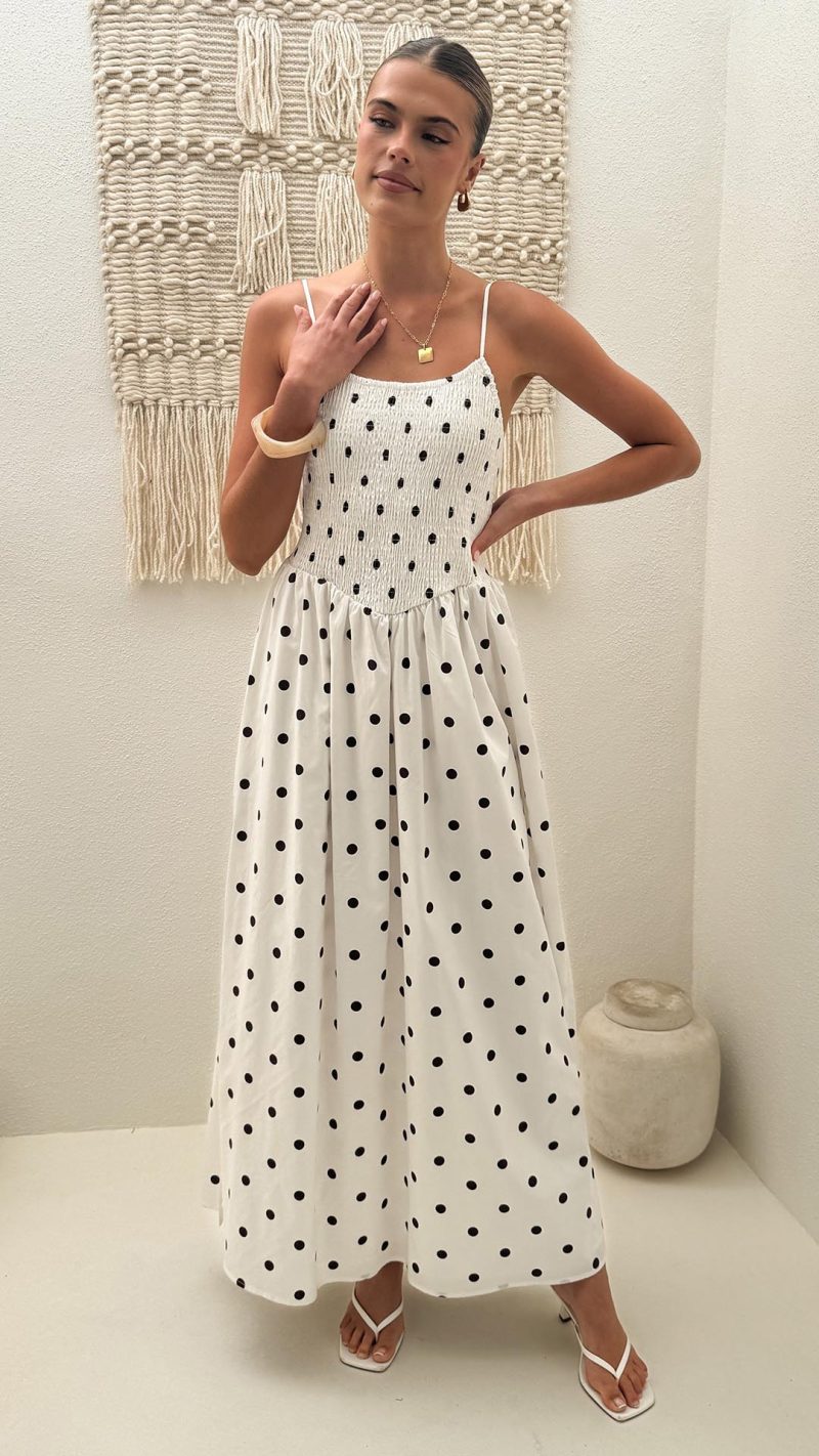 White Polka Dot Side-Split Shirred Maxi Dress