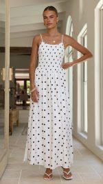 White Polka Dot Side-Split Shirred Maxi Dress