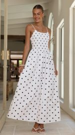 White Polka Dot Side-Split Shirred Maxi Dress