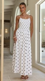 White Polka Dot Side-Split Shirred Maxi Dress