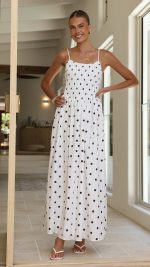 White Polka Dot Side-Split Shirred Maxi Dress
