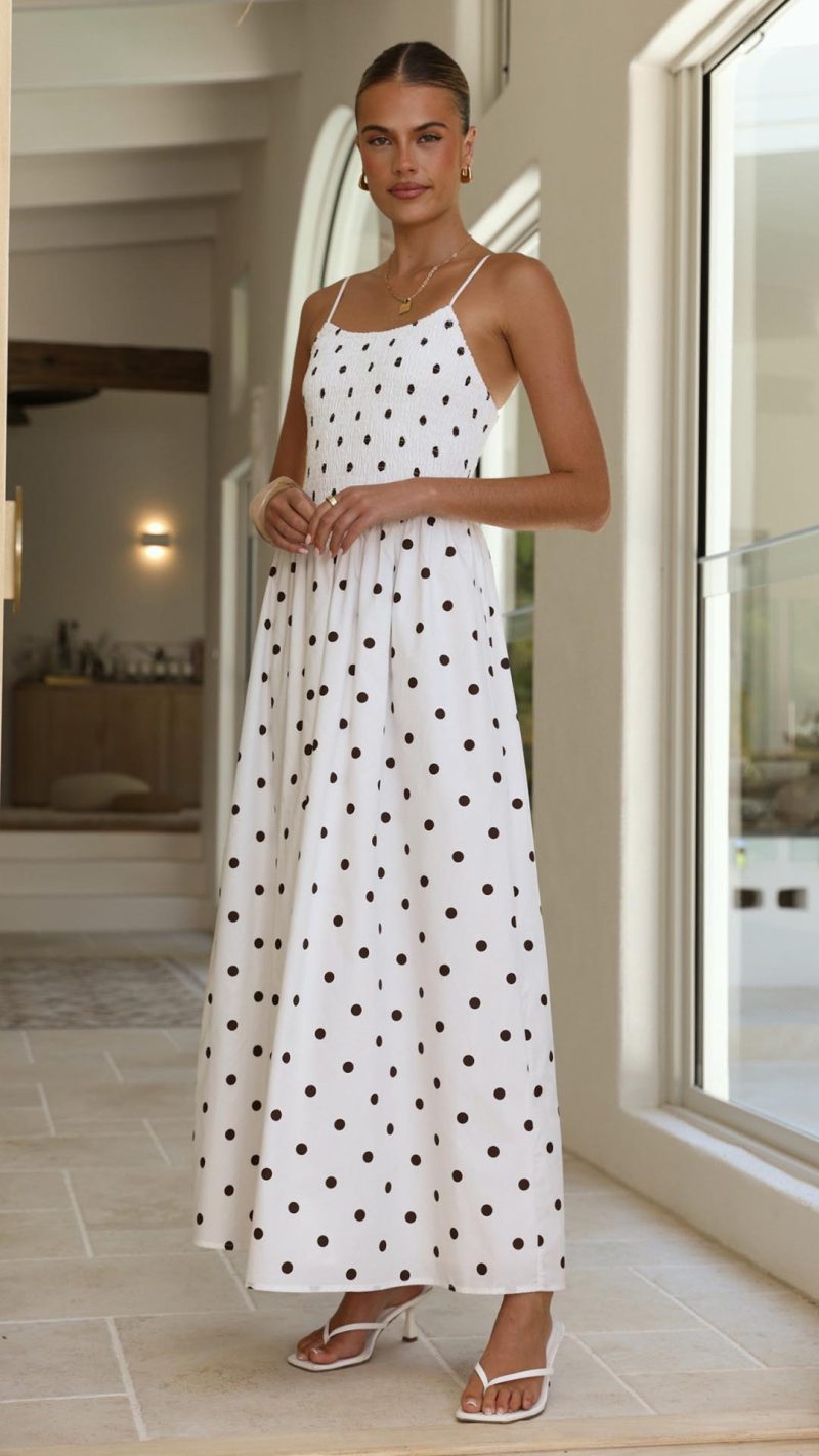 White Polka Dot Side-Split Shirred Maxi Dress
