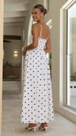 White Polka Dot Side-Split Shirred Maxi Dress