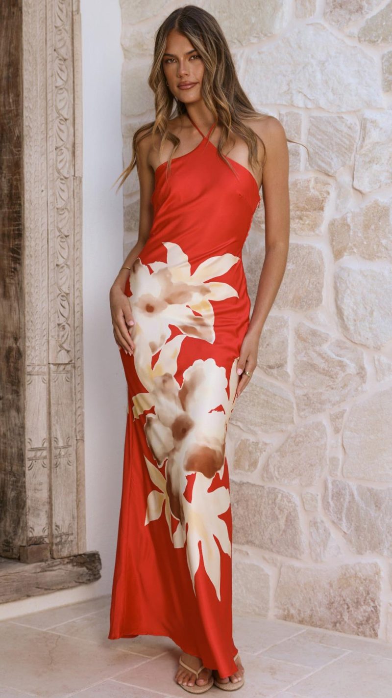 Red Floral Open-Back Maxi Dress