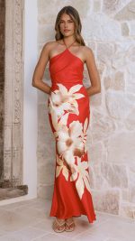 Red Floral Open-Back Maxi Dress