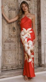 Red Floral Open-Back Maxi Dress
