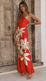 Red Floral Open-Back Maxi Dress