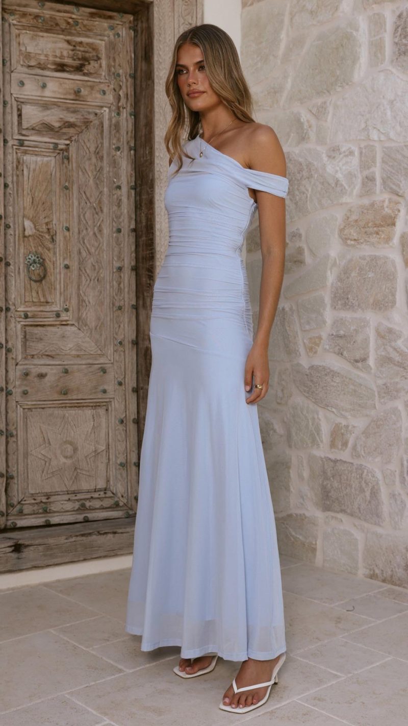 Blue Sheer One-Shoulder Ruched Maxi Dress