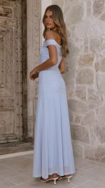 Blue Sheer One-Shoulder Ruched Maxi Dress