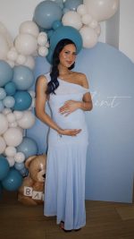Blue Sheer One-Shoulder Ruched Maxi Dress