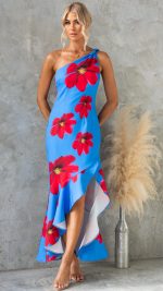 Blue Ruffle Floral One-Shoulder Maxi Dress