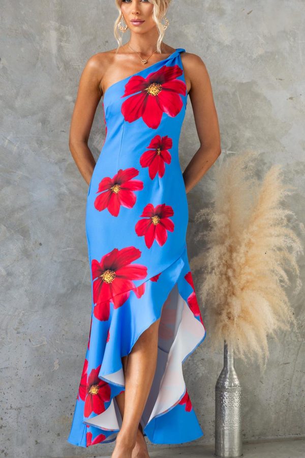 Blue Ruffle Floral One-Shoulder Maxi Dress