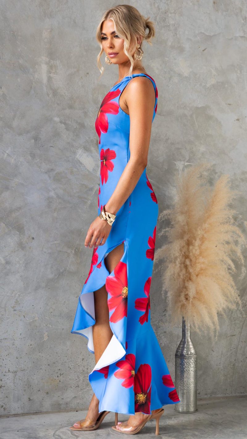 Blue Ruffle Floral One-Shoulder Maxi Dress