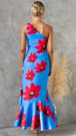 Blue Ruffle Floral One-Shoulder Maxi Dress