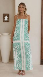Green Aztec Split Relaxed Maxi Dress