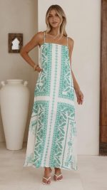 Green Aztec Split Relaxed Maxi Dress