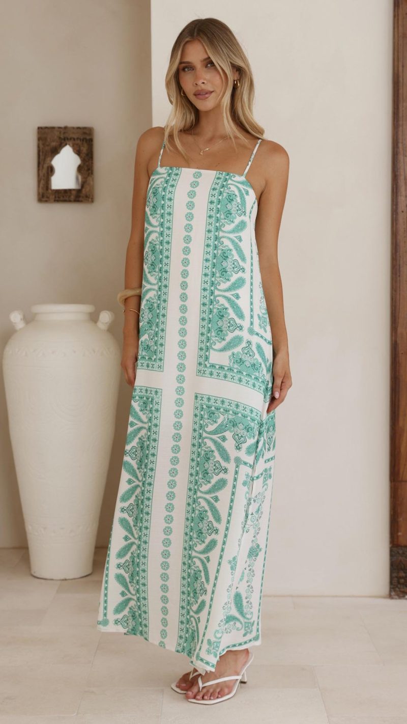 Green Aztec Split Relaxed Maxi Dress