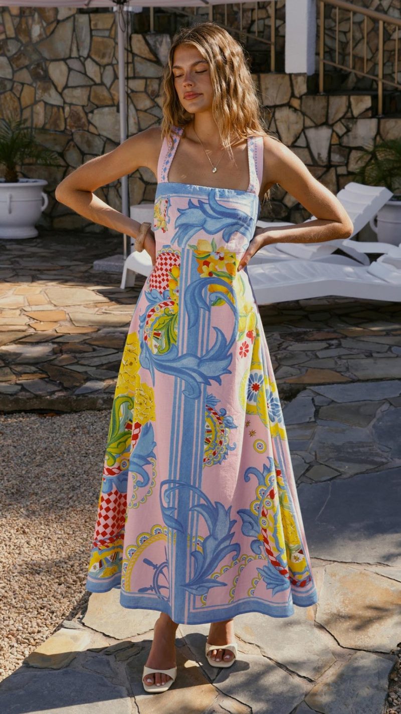 Pink Scroll-Print Crossback A-Line Maxi Dress