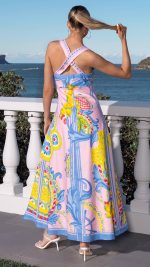 Pink Scroll-Print Crossback A-Line Maxi Dress