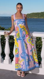 Pink Scroll-Print Crossback A-Line Maxi Dress