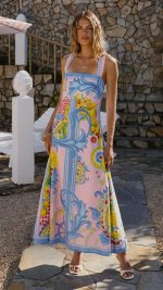 Pink Scroll-Print Crossback A-Line Maxi Dress