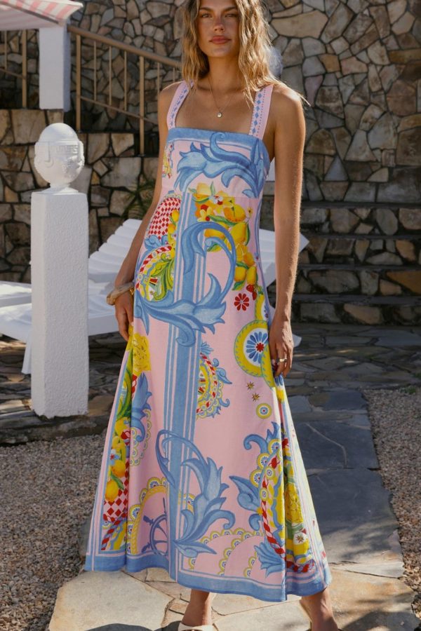 Pink Scroll-Print Crossback A-Line Maxi Dress