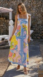 Pink Scroll-Print Crossback A-Line Maxi Dress