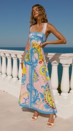 Pink Scroll-Print Crossback A-Line Maxi Dress
