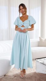 Aqua Knotted Bust Puff Sleeve Cutout Frill Maxi Dress