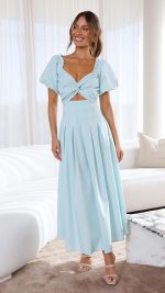 Aqua Knotted Bust Puff Sleeve Cutout Frill Maxi Dress