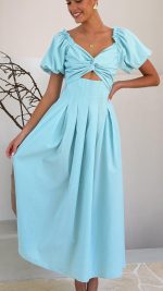 Aqua Knotted Bust Puff Sleeve Cutout Frill Maxi Dress